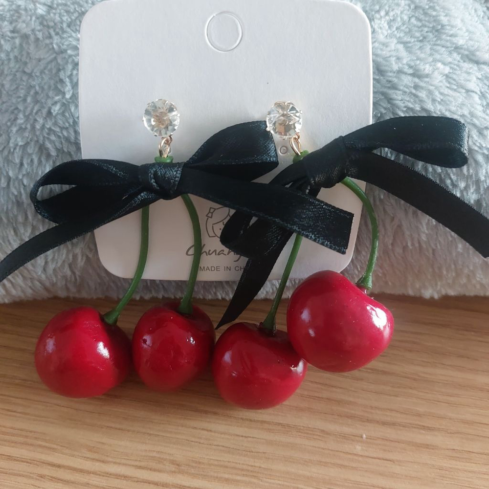 Beauty Black Bows Cherry Drop Earrings.
